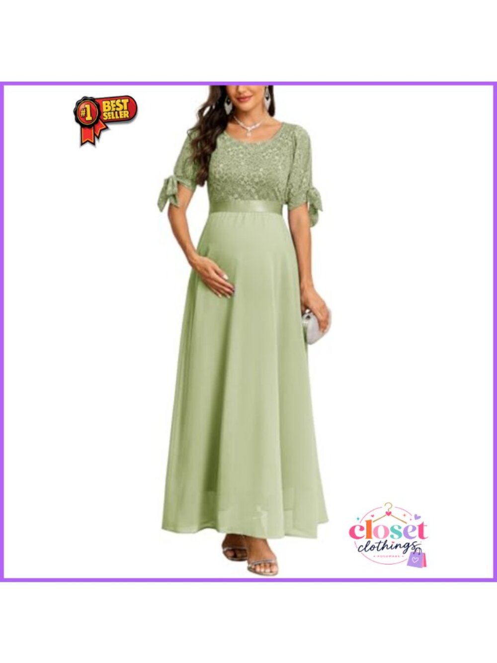 Maternity Lace Chiffon A-Line Maxi Dress Tie Short Sleeve Baby Shower Photoshoot